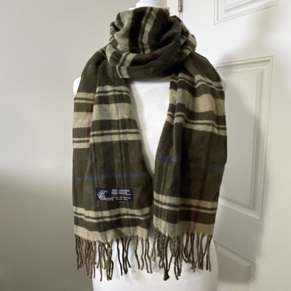 Italy Design Cashmere Viscose Blend Plaid Fringed Scarf Brown/Beige Sz 66" x 12" - Picture 3 of 5